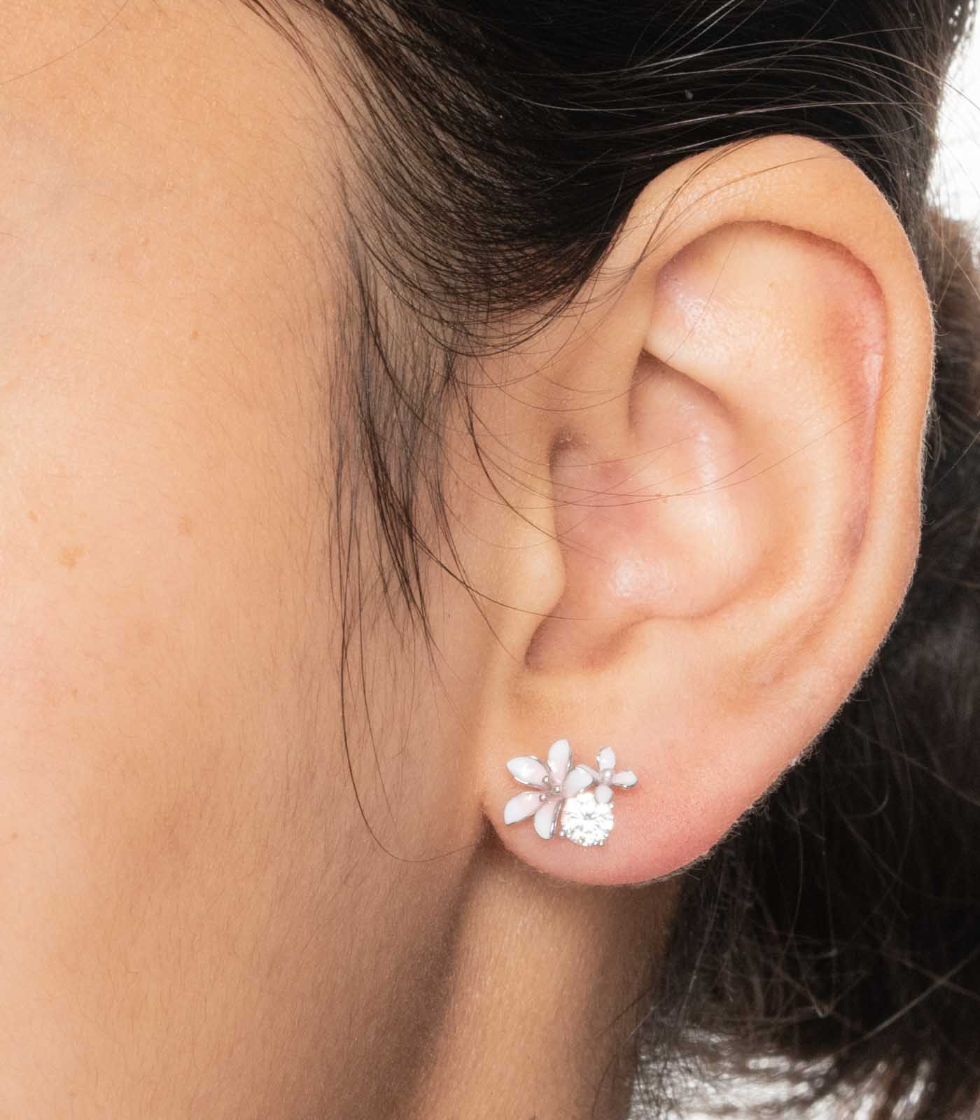 Stone And Flower Ear RIngs (Silver)