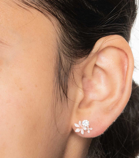 Stone And Flower Ear RIngs (Silver)