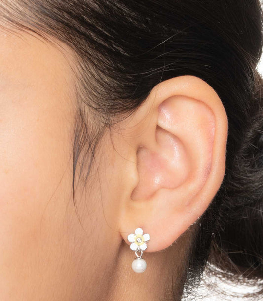 Flower And Bead Ear Rings (Silver)